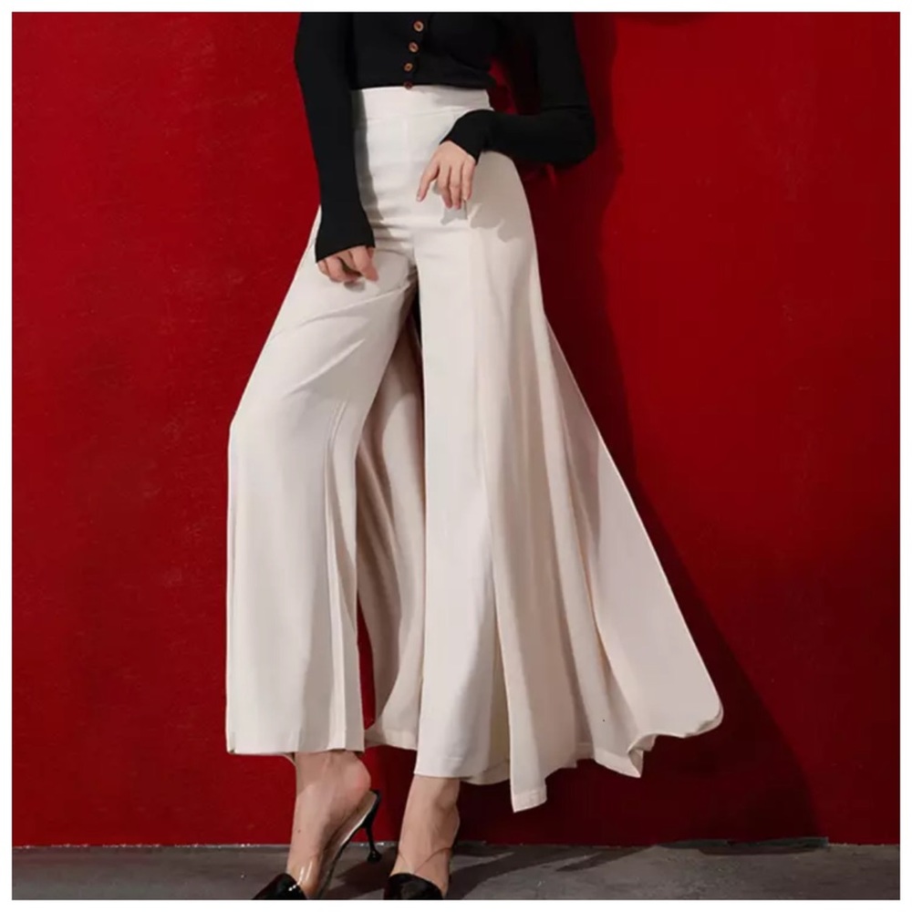 Creamy Beige Chiffon Panel High Waist Pants The Zakira - Picture 6 of 11